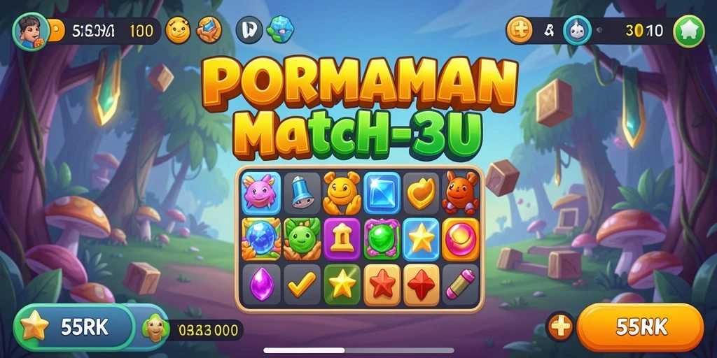 Screenshot 55RK menampilkan gameplay seru pertandingan Match-3.