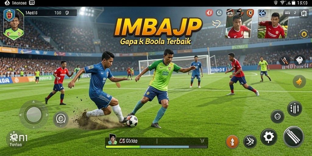 Screenshot utama IMBAJP menampilkan aksi permainan sepak bola yang mendebarkan.