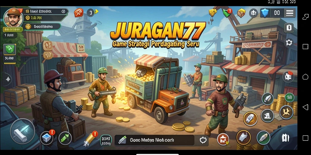 Tangkapan layar gameplay JURAGAN77 menampilkan simulasi perdagangan strategis.