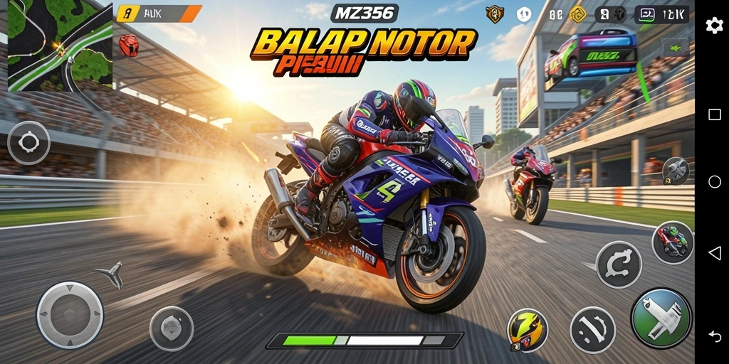 Tampilan gameplay MZ356 yang mendebarkan saat balap motor.