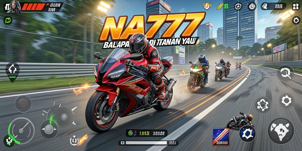 Screenshot menunjukkan aksi balapan motor yang mendebarkan di NA777.