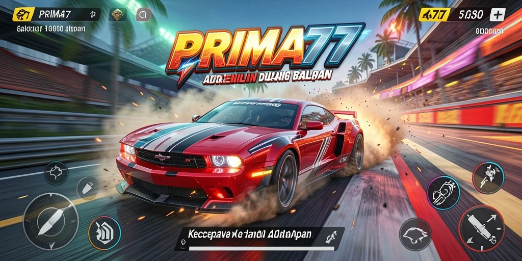 Screenshot utama PRIMA77 menampilkan mobil balap di lintasan yang menegangkan.