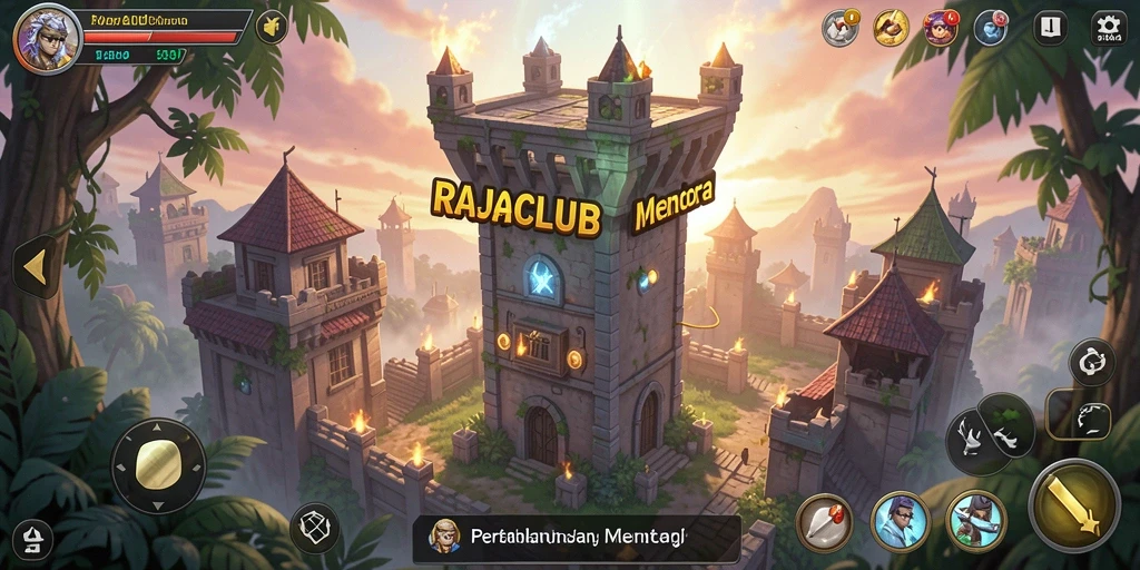 Tampilan gameplay seru RAJACLUB dalam pertempuran Tower Defense.