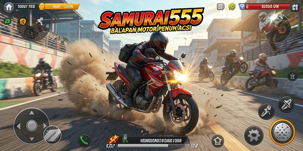 Screenshot gameplay SAMURAI555 yang menampilkan aksi balapan motor yang seru.