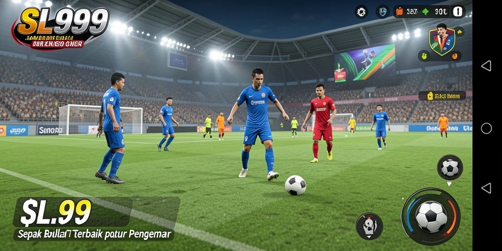 Tangkapan layar utama SL999 menampilkan aksi seru dalam pertandingan sepak bola.